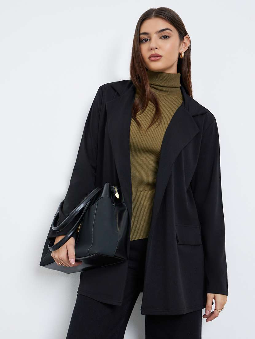 women solid lapel neck long sleeve blazer