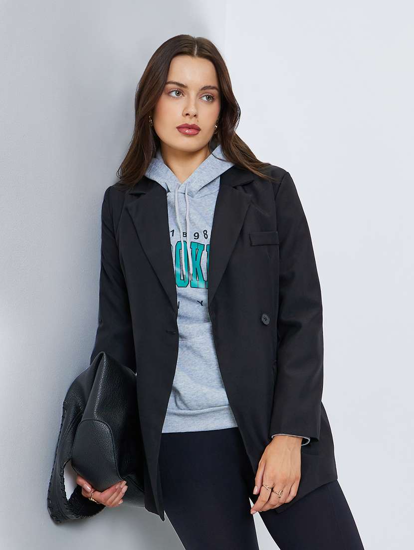 women solid long sleeve double breasted blazer