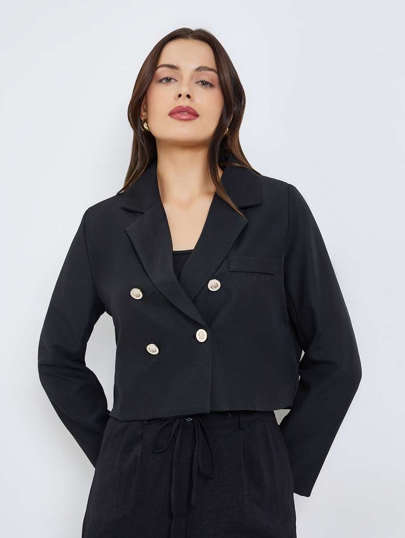 women solid lapel neck long sleeve crop blazer