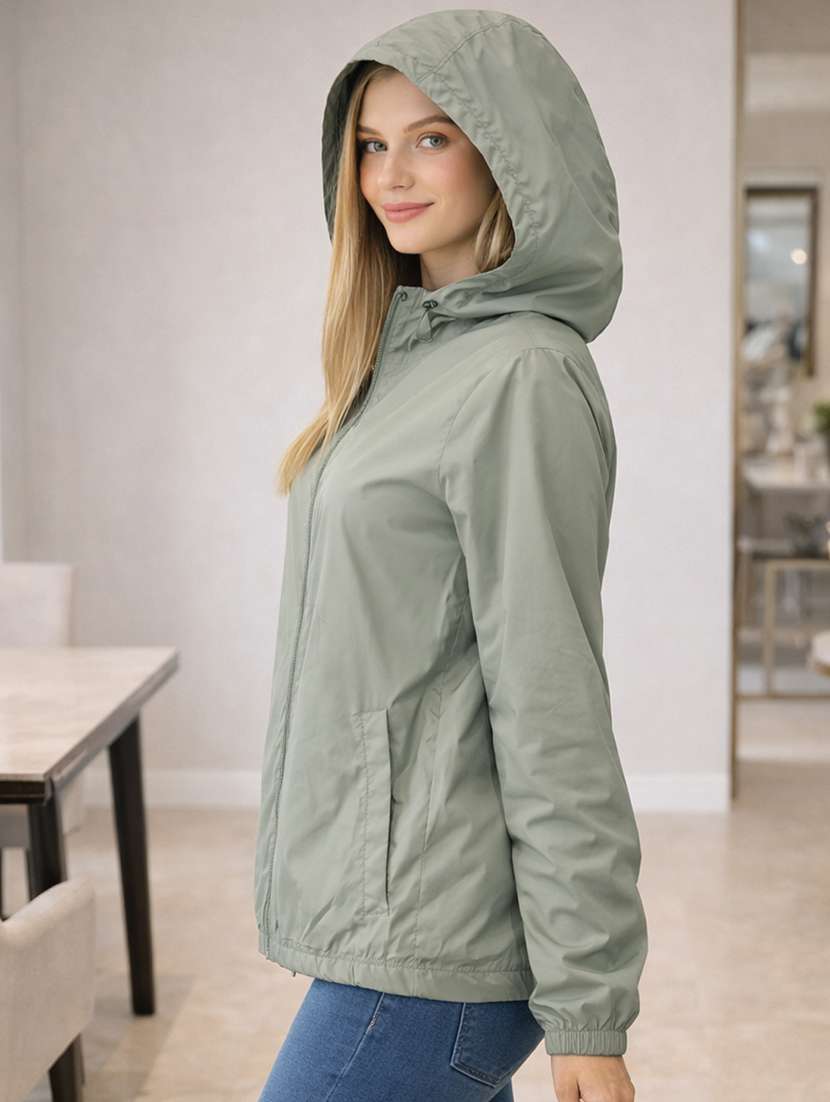 women solid long sleeve hooded windcheater jacket - 22288015 -  Standard Image - 2