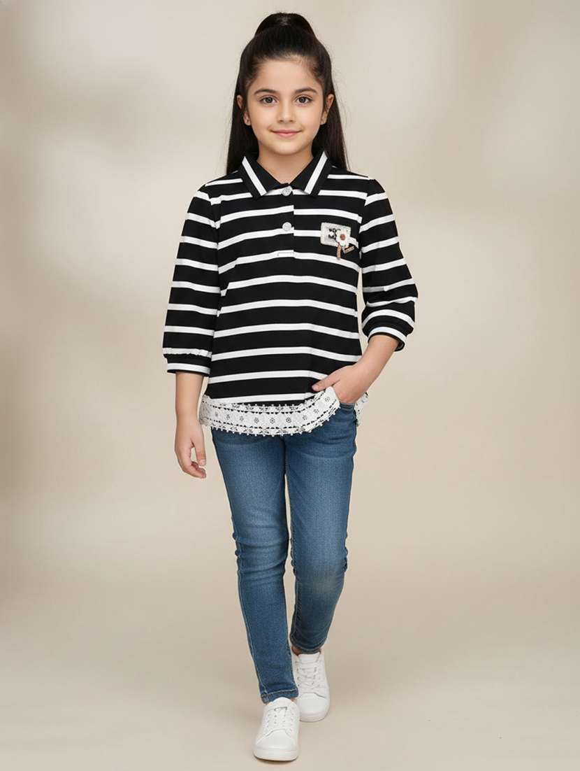 Girls Striped Collared Long Sleeve Top - 22288264 -  Standard Image - 2