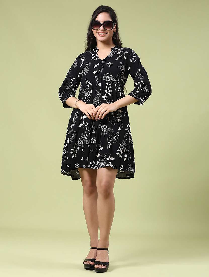 women printed three quarter sleeve tiered dress - 22288414 -  Standard Image - 2