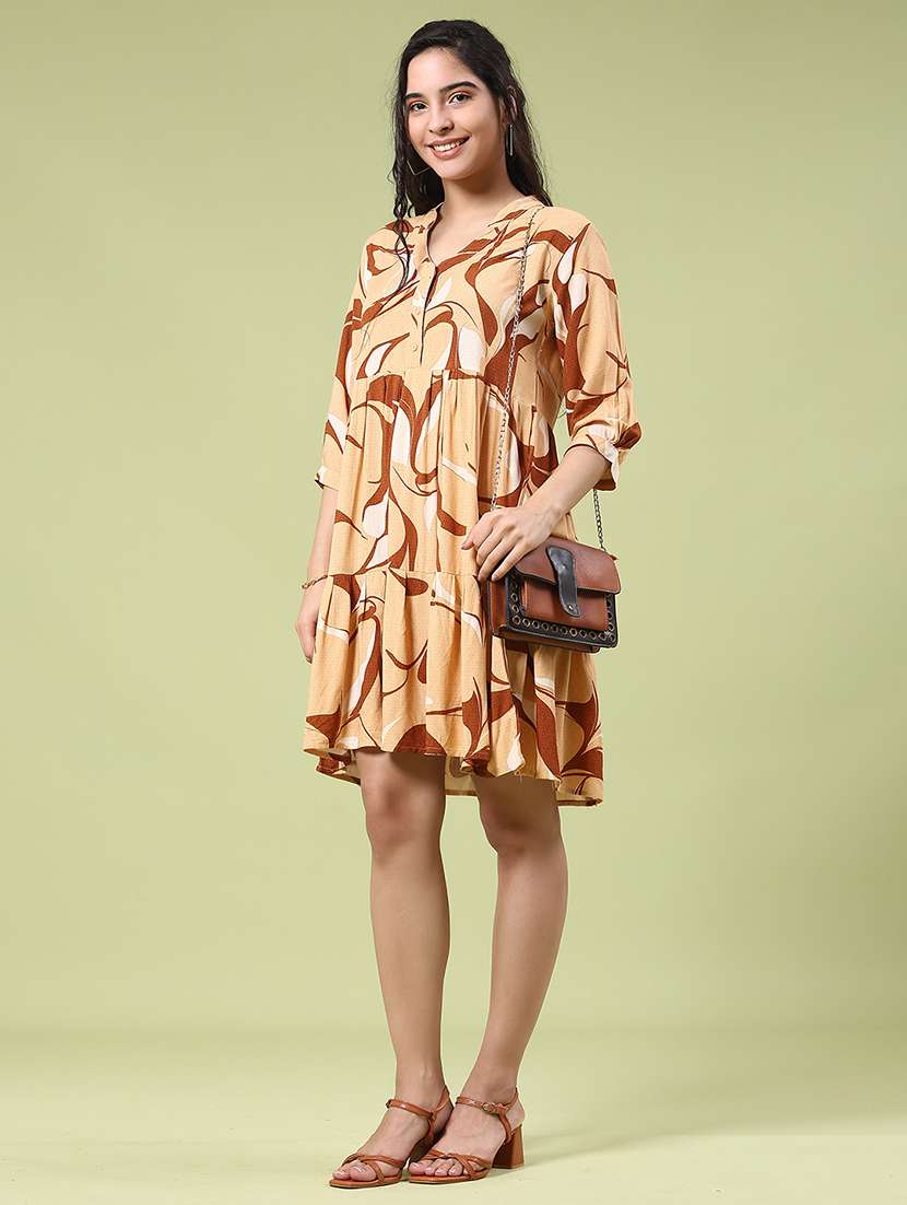 women printed three quarter sleeve tiered dress - 22288416 -  Standard Image - 2