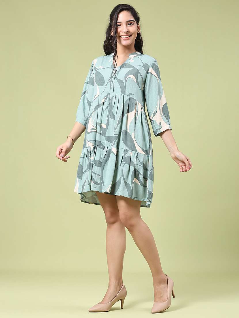 women printed three quarter sleeve tiered dress - 22288418 -  Standard Image - 2