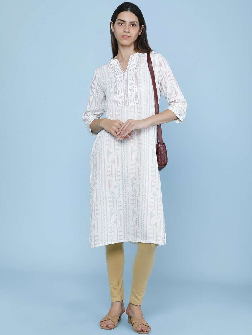 women printed three quarter sleeve straight kurta