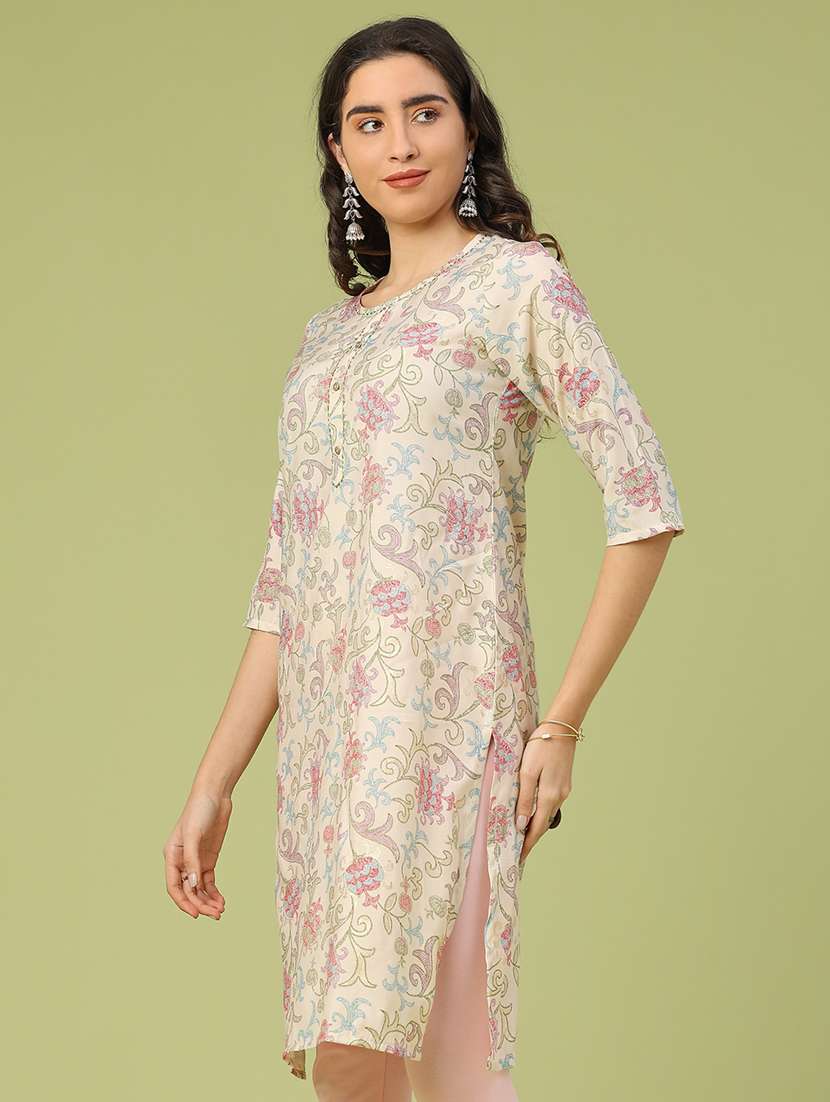 women floral three quarter sleeve straight kurta - 22288476 -  Standard Image - 2