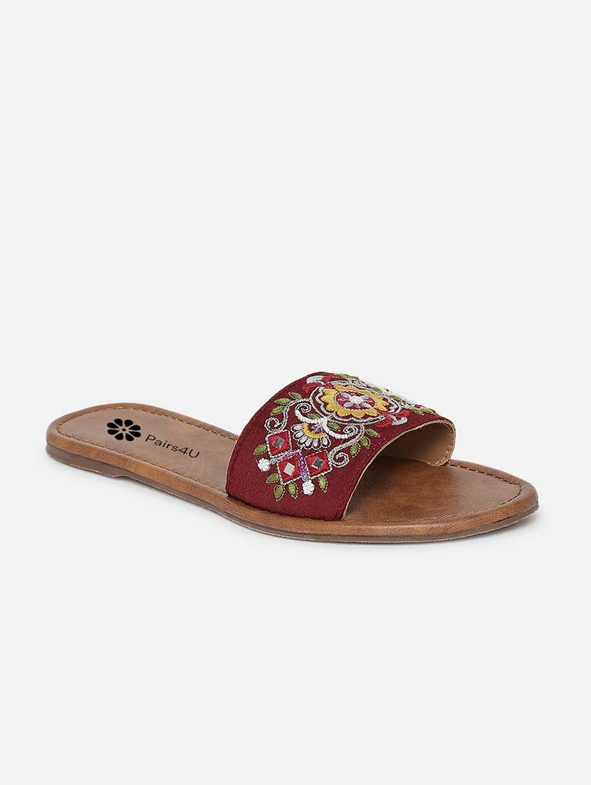 women maroon embroiderd slip on flats - 22288678 -  Standard Image - 2