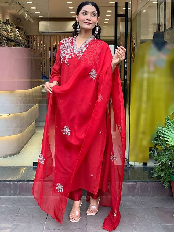 women solid with work three quarter sleeve kurta pant with dupatta set - 22288743 -  Standard Image - 2