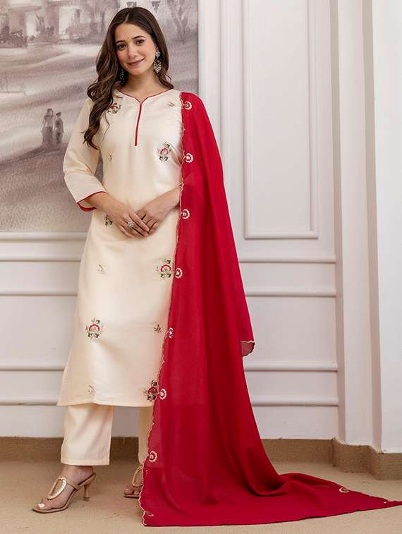 women solid with work three quarter sleeve kurta pant with dupatta set - 22288744 -  Standard Image - 2