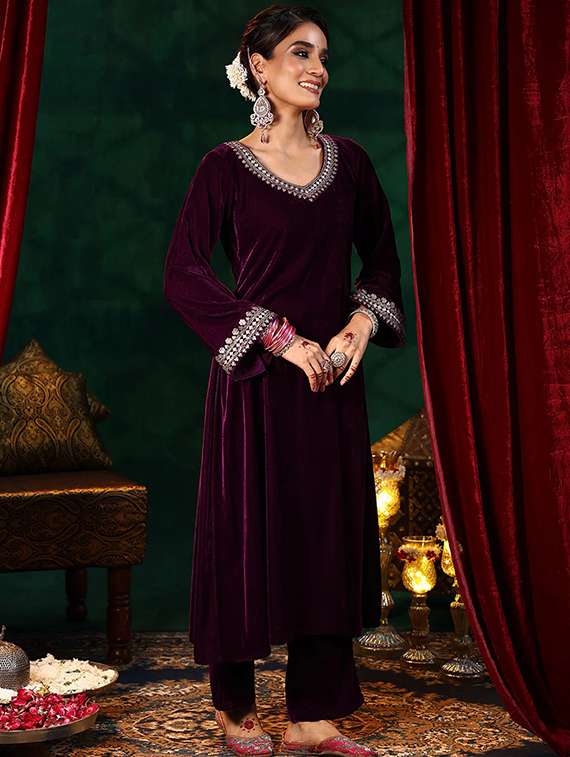 women solid with work long sleeve kurta pant with dupatta set - 22288745 -  Standard Image - 2