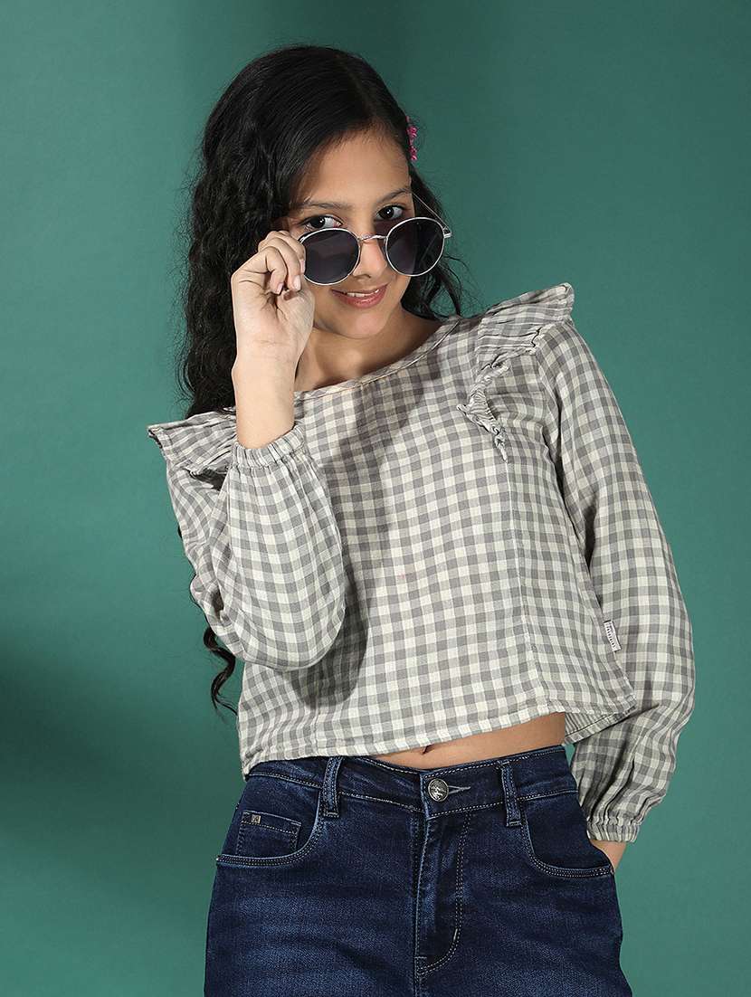 girls checkered long sleeve crop top