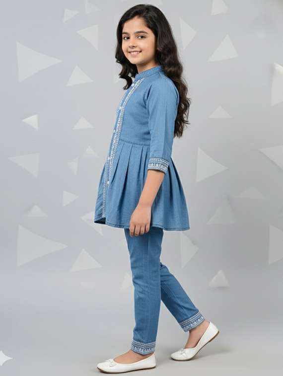 girls solid denim top & trouser co-ord set - 22289307 -  Standard Image - 2