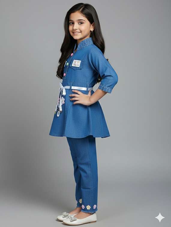 girls solid denim top & trouser co-ord set - 22289308 -  Standard Image - 2