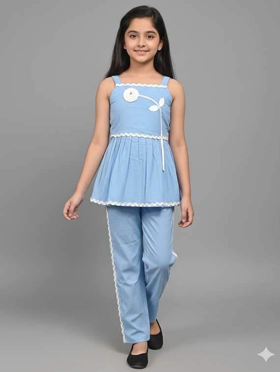girls solid denim top & trouser co-ord set