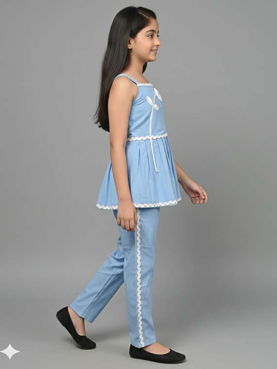 girls solid denim top & trouser co-ord set - 22289309 -  Standard Image - 2