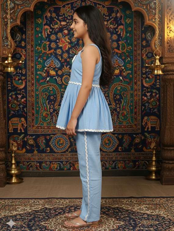 girls solid denim top & trouser co-ord set - 22289310 -  Standard Image - 2