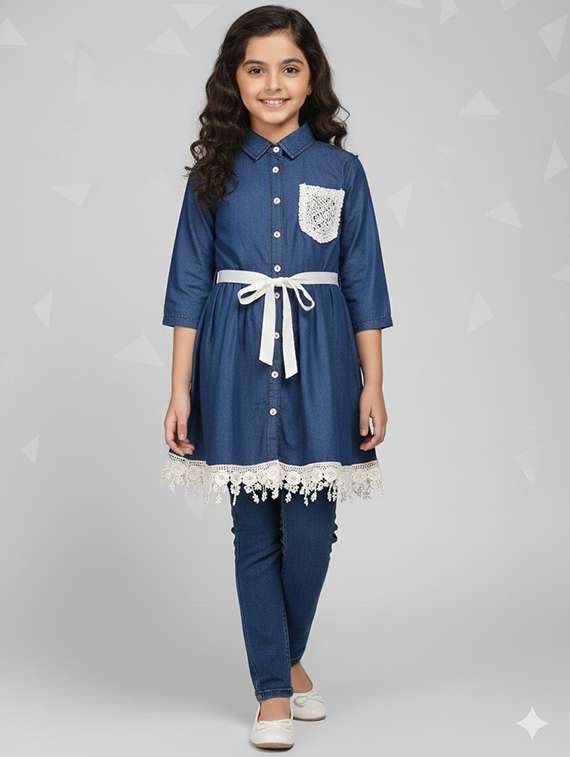 girls solid denim top & trouser co-ord set