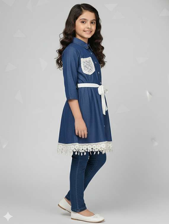 girls solid denim top & trouser co-ord set - 22289311 -  Standard Image - 2
