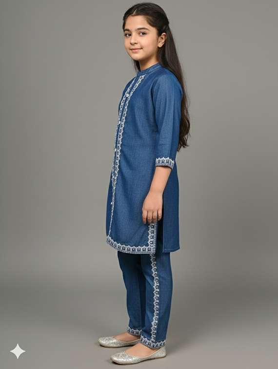 Girls Solid Three Quarter Sleeve Ethnic Co-ord Set - 22289312 -  Standard Image - 2