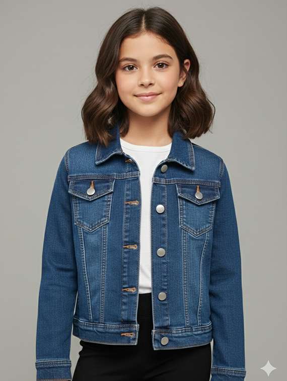 girls solid collared long sleeve denim jacket - 22289319 -  Standard Image - 2