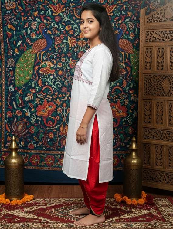 girls three quarter sleeve straight kurta - 22289322 -  Standard Image - 2
