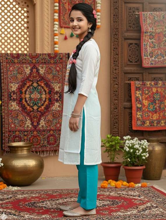 Girls Three Quarter Sleeve Straight Kurta - 22289323 -  Standard Image - 2