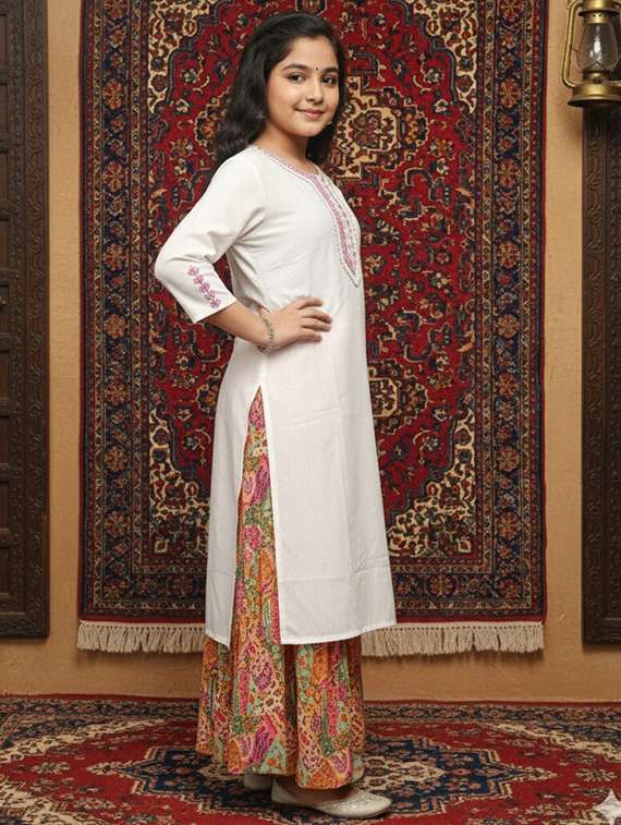 girls three quarter sleeve straight kurta - 22289334 -  Standard Image - 2
