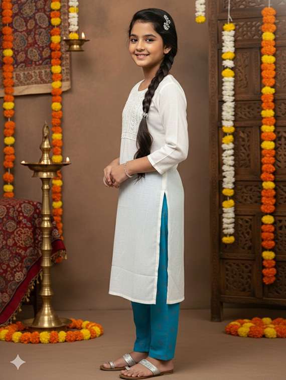 girls three quarter sleeve straight kurta - 22289335 -  Standard Image - 2