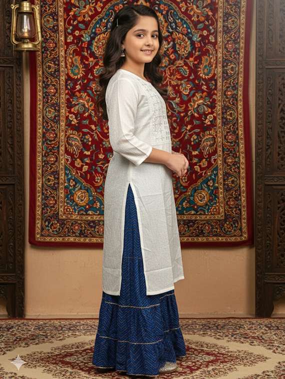 girls three quarter sleeve straight kurta - 22289336 -  Standard Image - 2