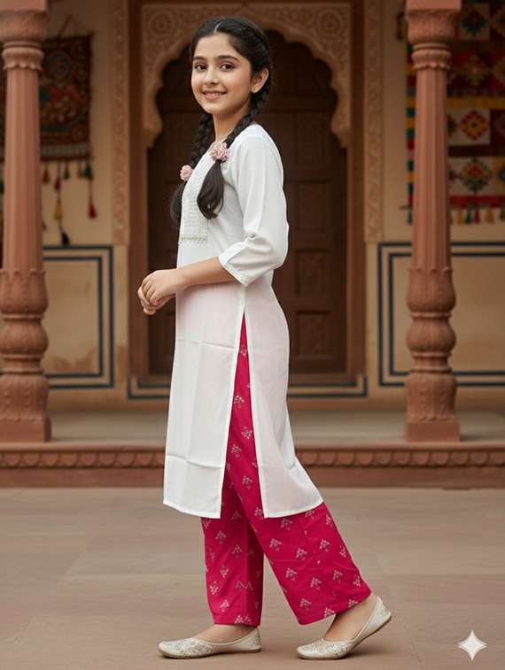 girls three quarter sleeve straight kurta - 22289339 -  Standard Image - 2