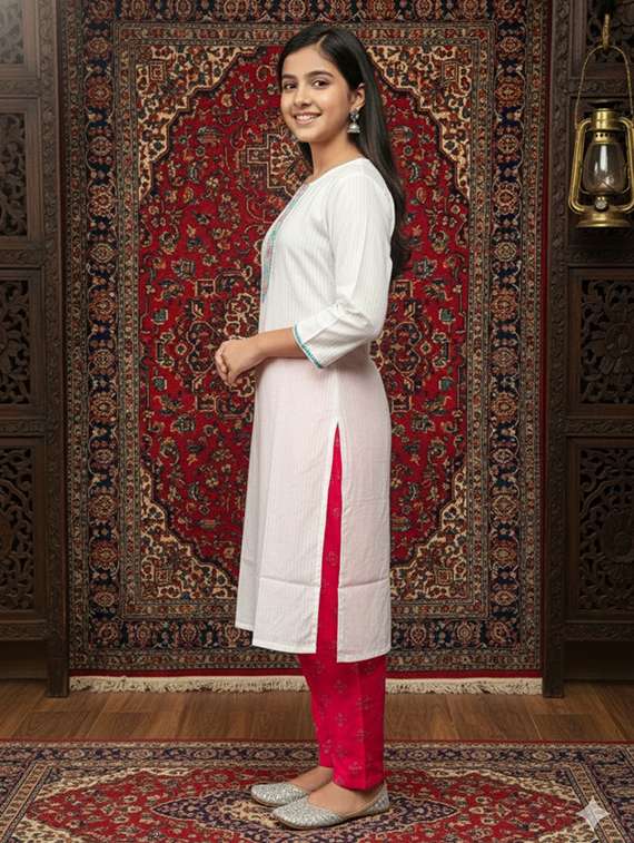 girls three quarter sleeve straight kurta - 22289340 -  Standard Image - 2