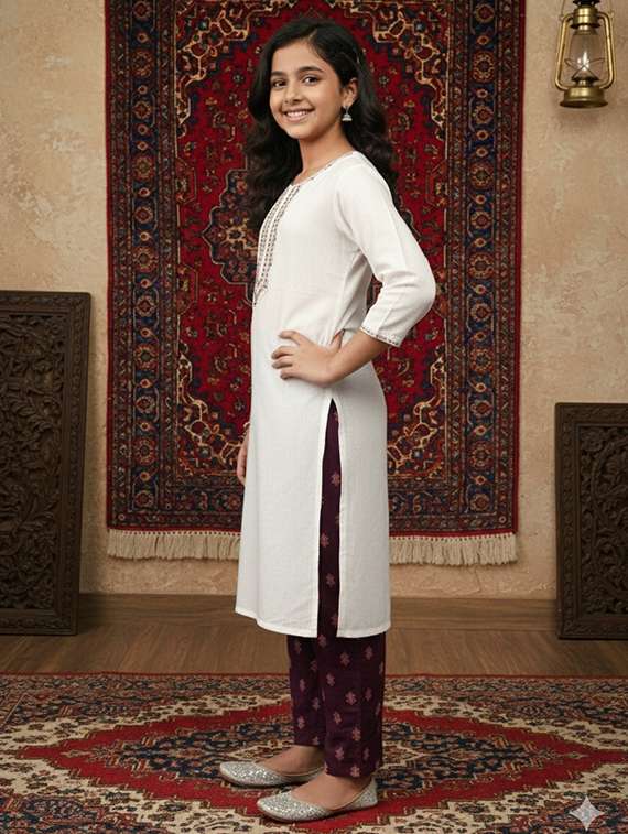 girls three quarter sleeve straight kurta - 22289342 -  Standard Image - 2