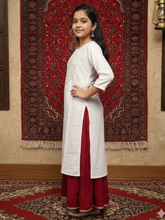 girls three quarter sleeve straight kurta - 22289345 -  Standard Image - 2