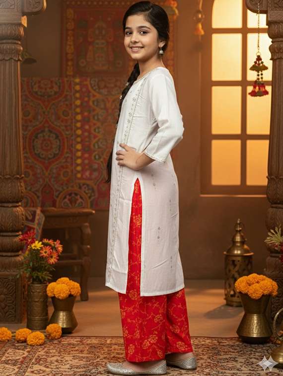 girls three quarter sleeve straight kurta - 22289347 -  Standard Image - 2