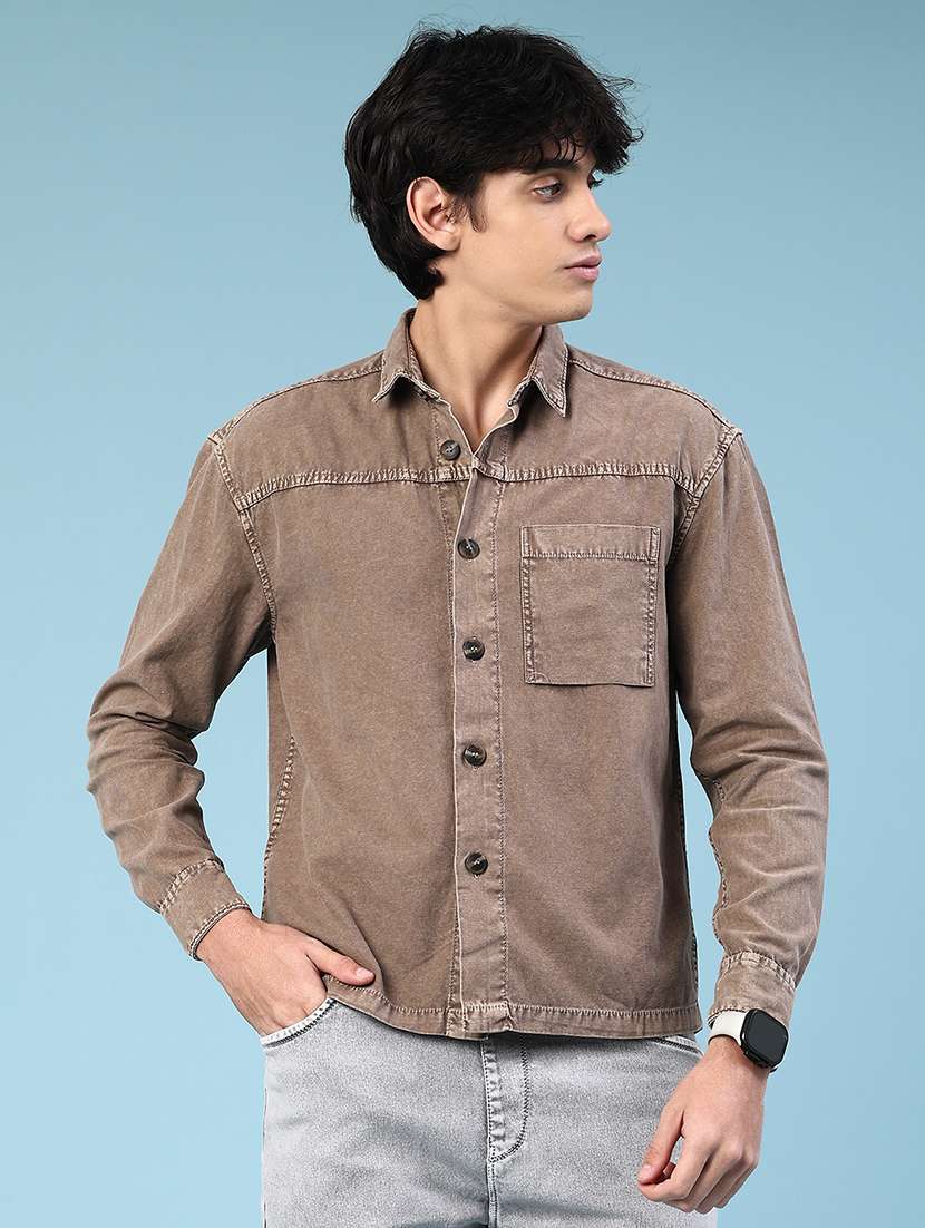 men brown cotton casual shirt