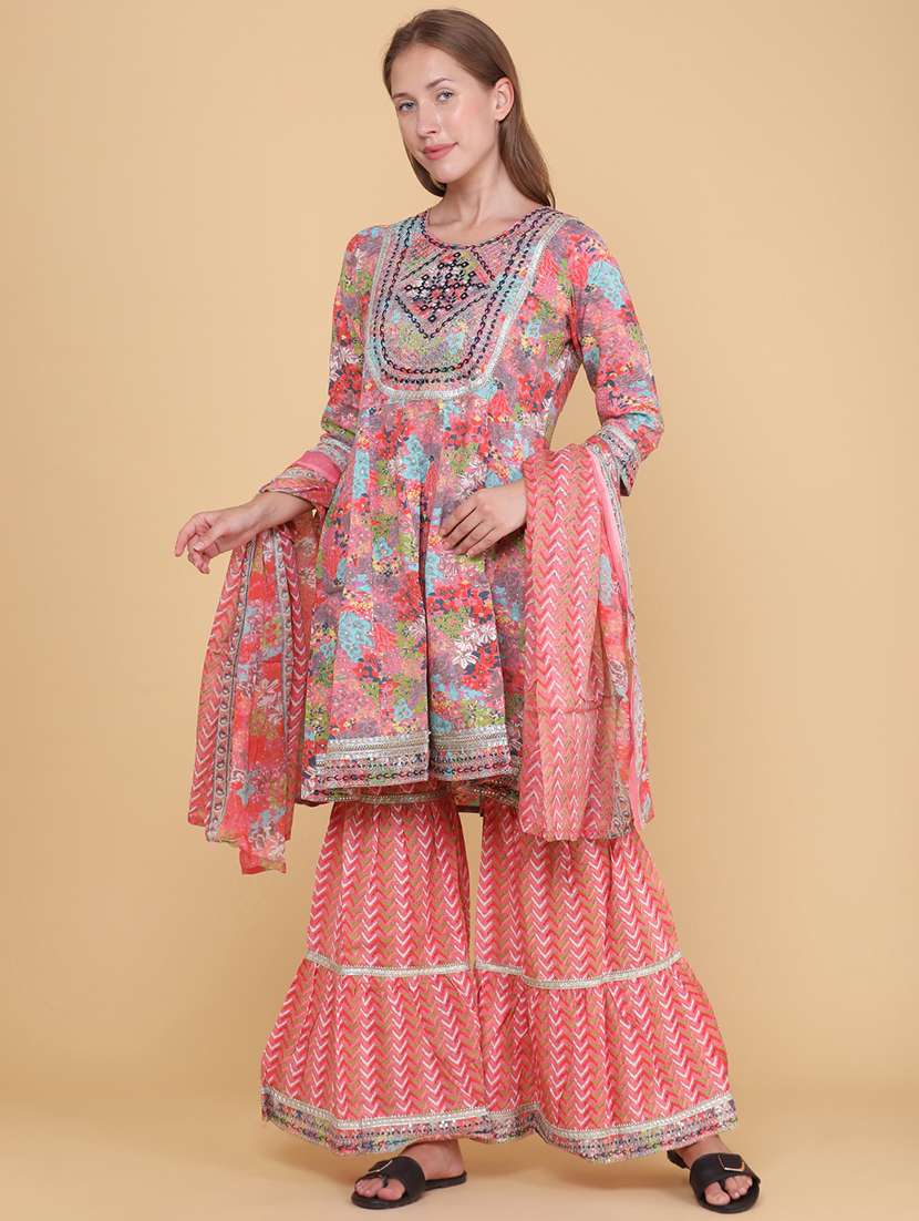 women printed three quarter sleeve kurta sharara with dupatta set