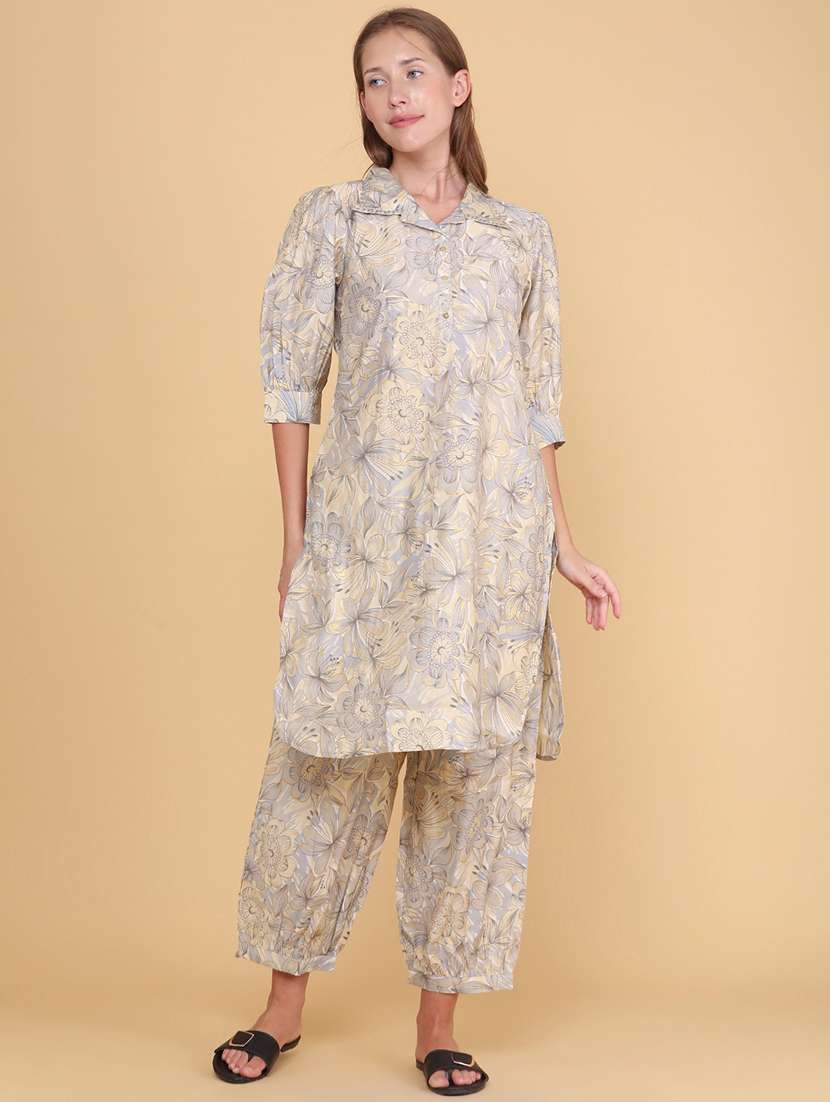 women printed three quarter sleeves ethnic co-ord set