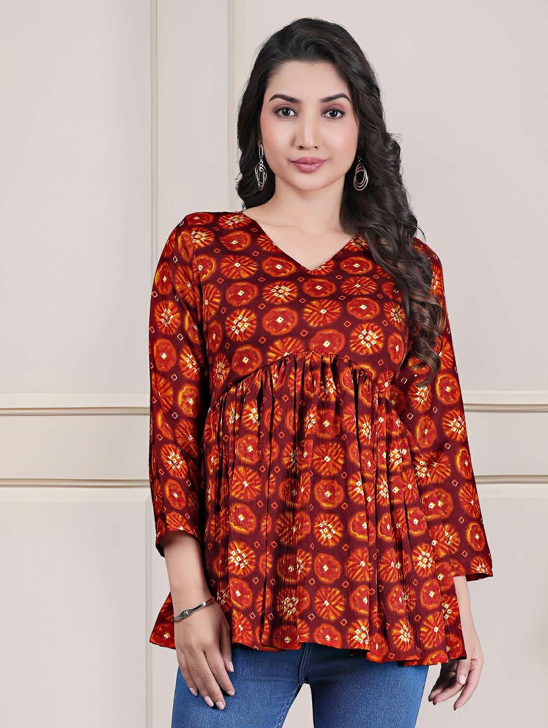women printed long sleeve flared tunic