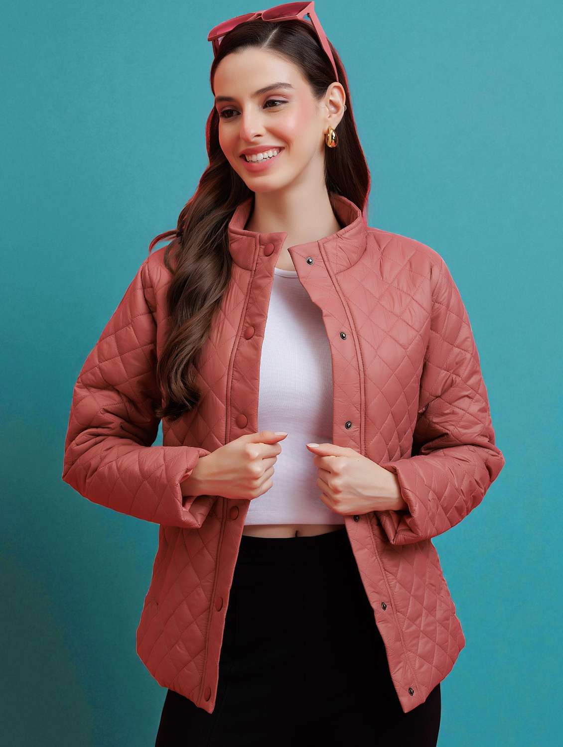 women solid long sleeve quilted jacket
