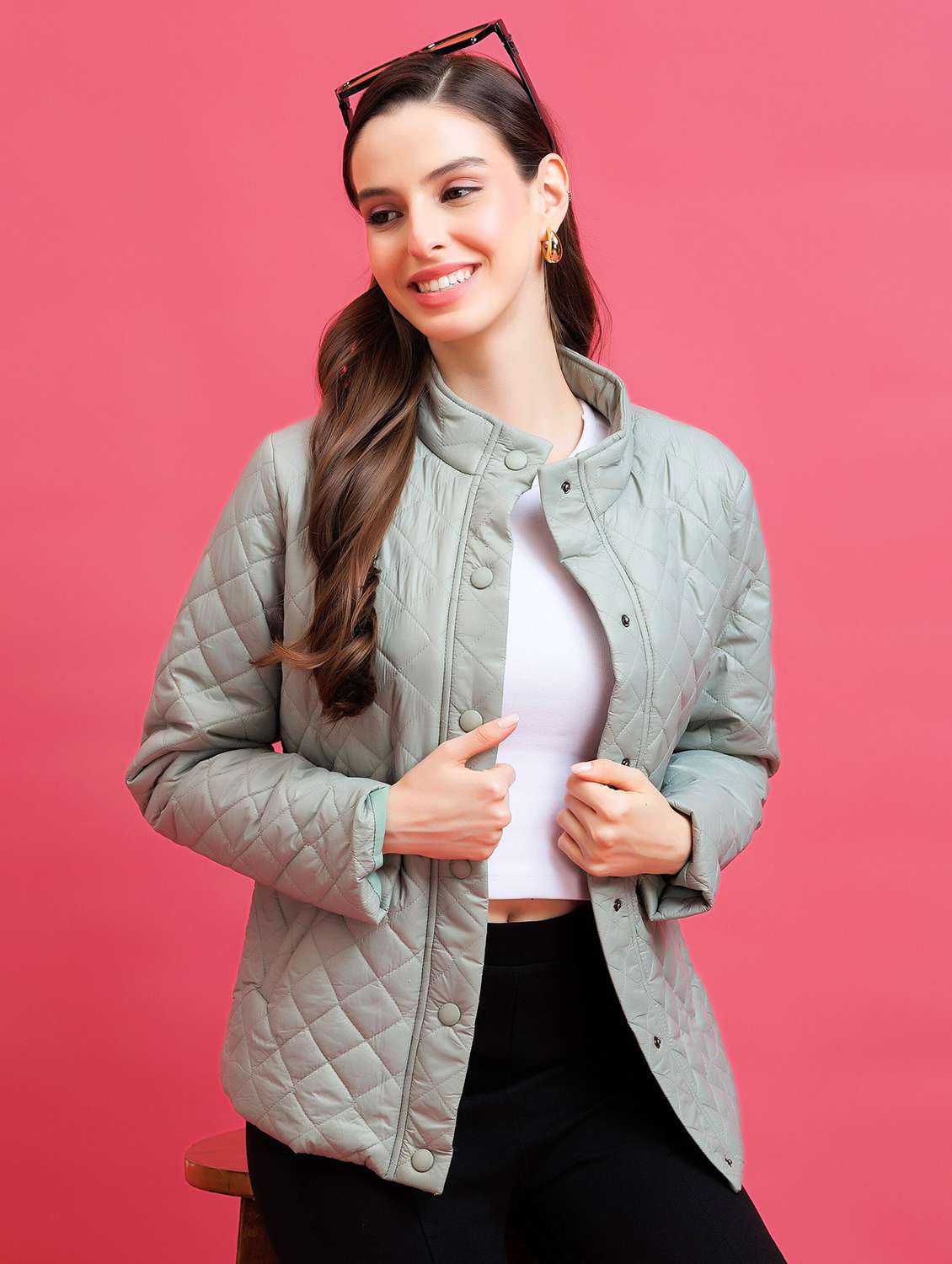 women solid long sleeve quilted jacket