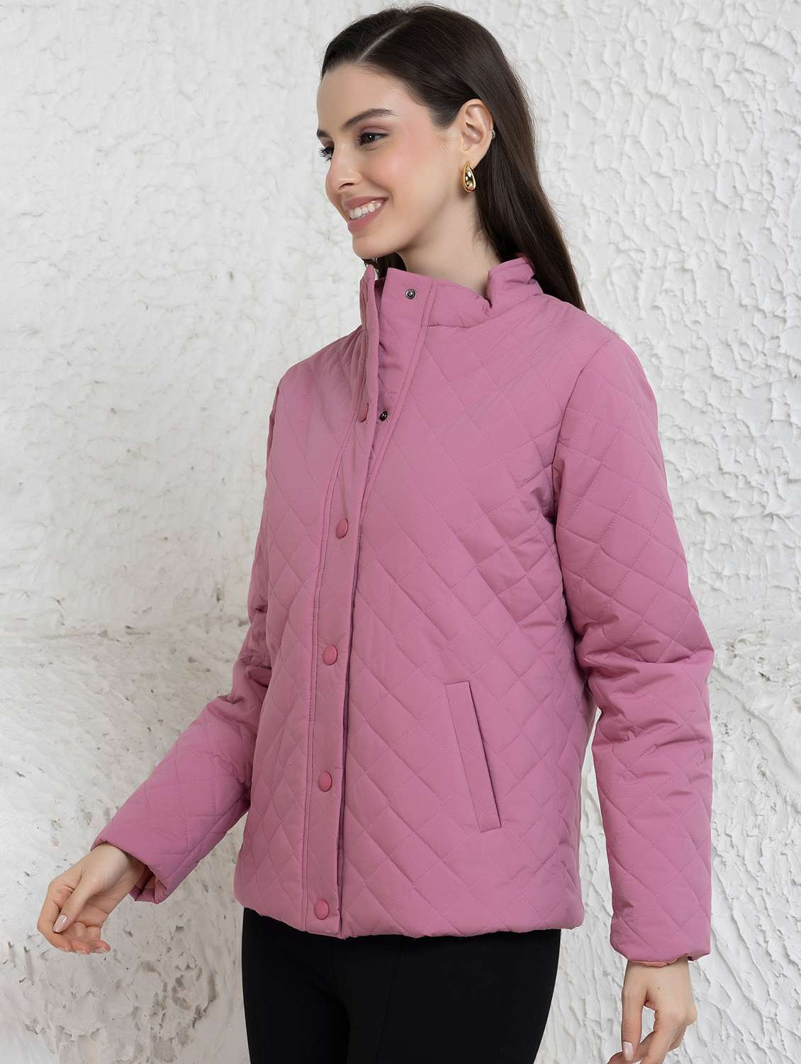 women solid stand collar long sleeve quilted jacket - 22290410 -  Standard Image - 2