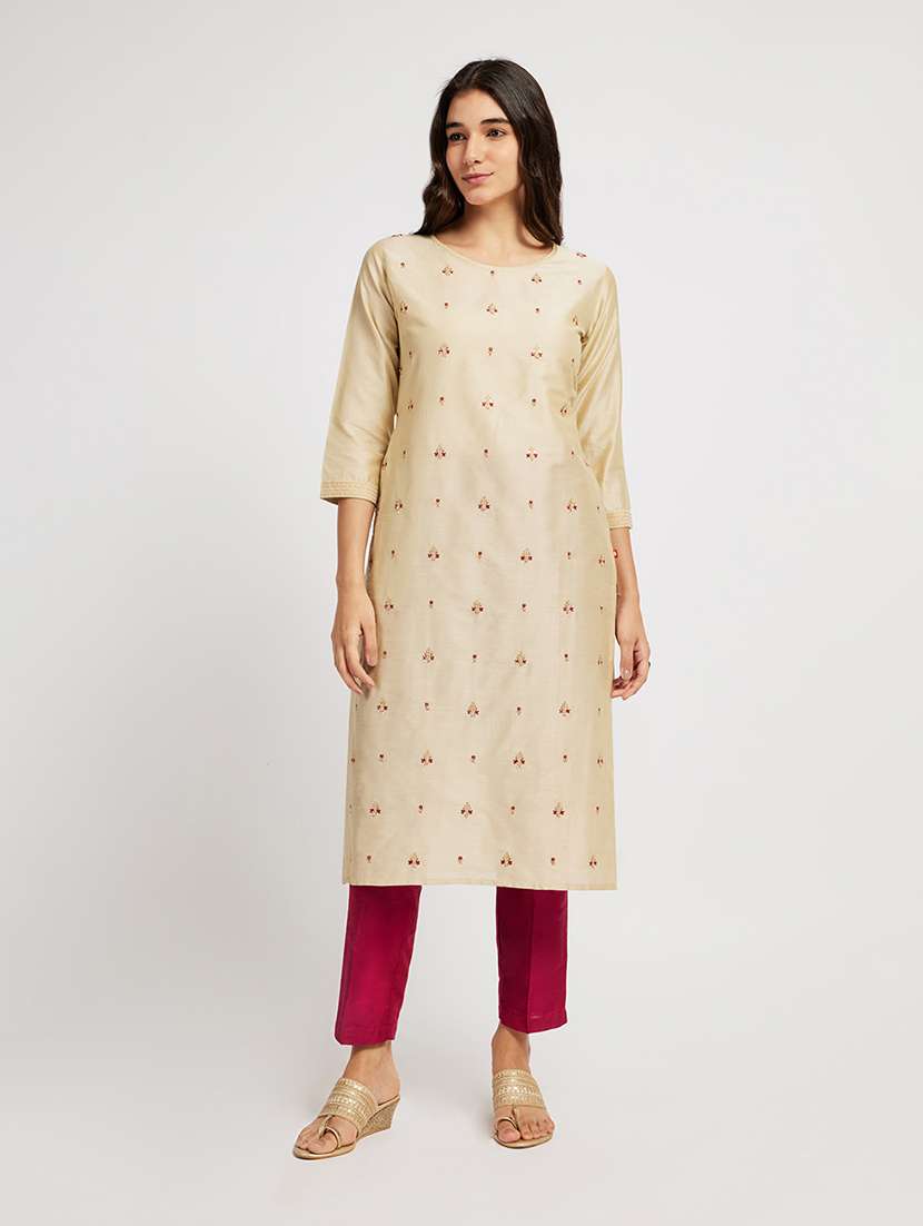 women solid with work three quarter sleeve straight kurta - 22290492 -  Standard Image - 2