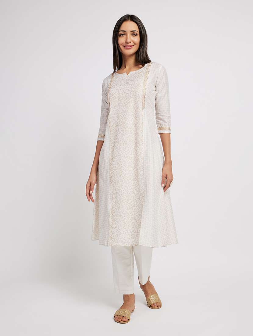 women printed three quarter sleeve a-line kurta - 22290496 -  Standard Image - 2