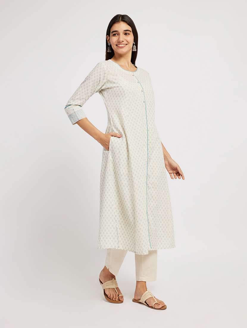 Women Printed Three Quarter Sleeve A-line Kurta - 22290507 -  Standard Image - 2