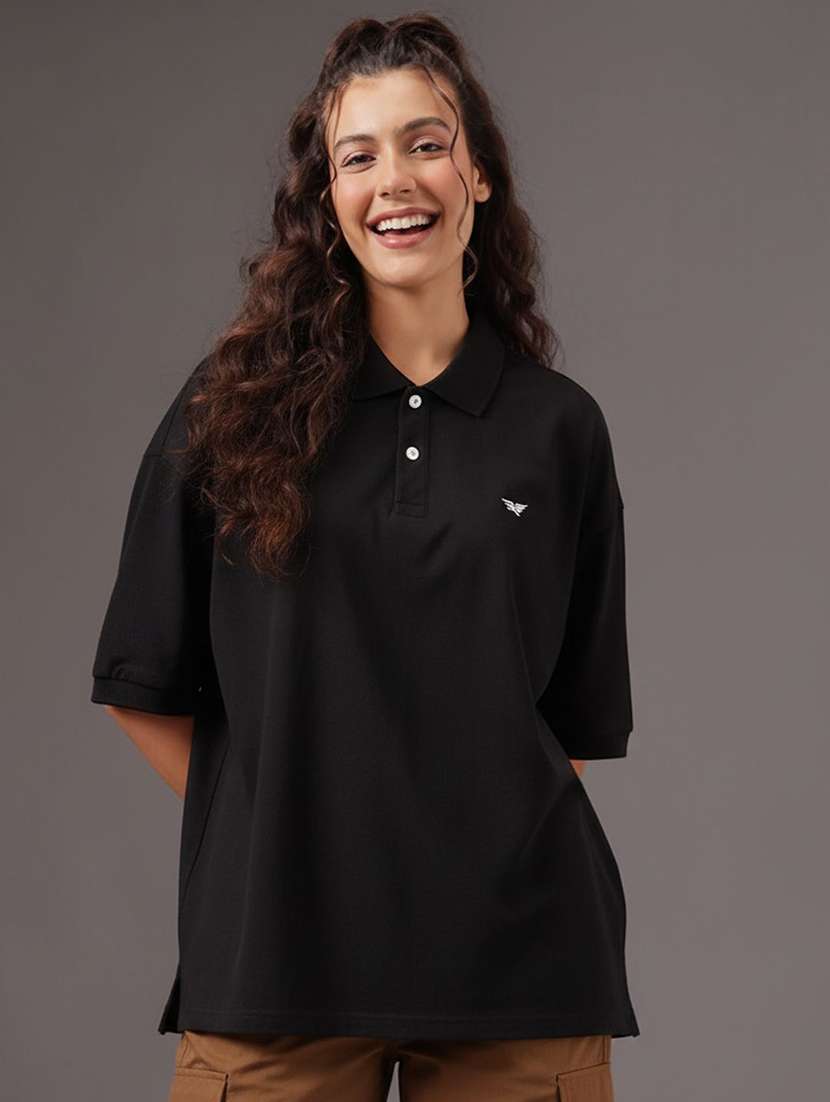 women solid short sleeve polo oversized t-shirt