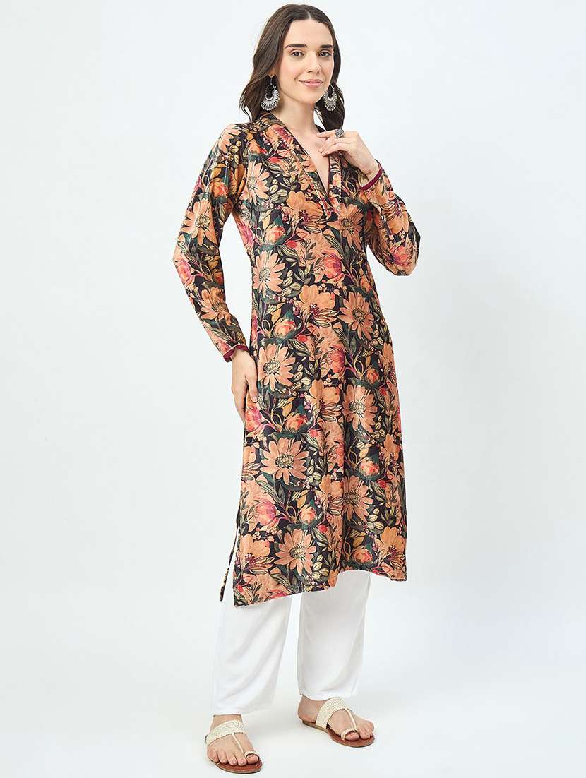 women floral long sleeve winter wear kurta  - 22291114 -  Standard Image - 2