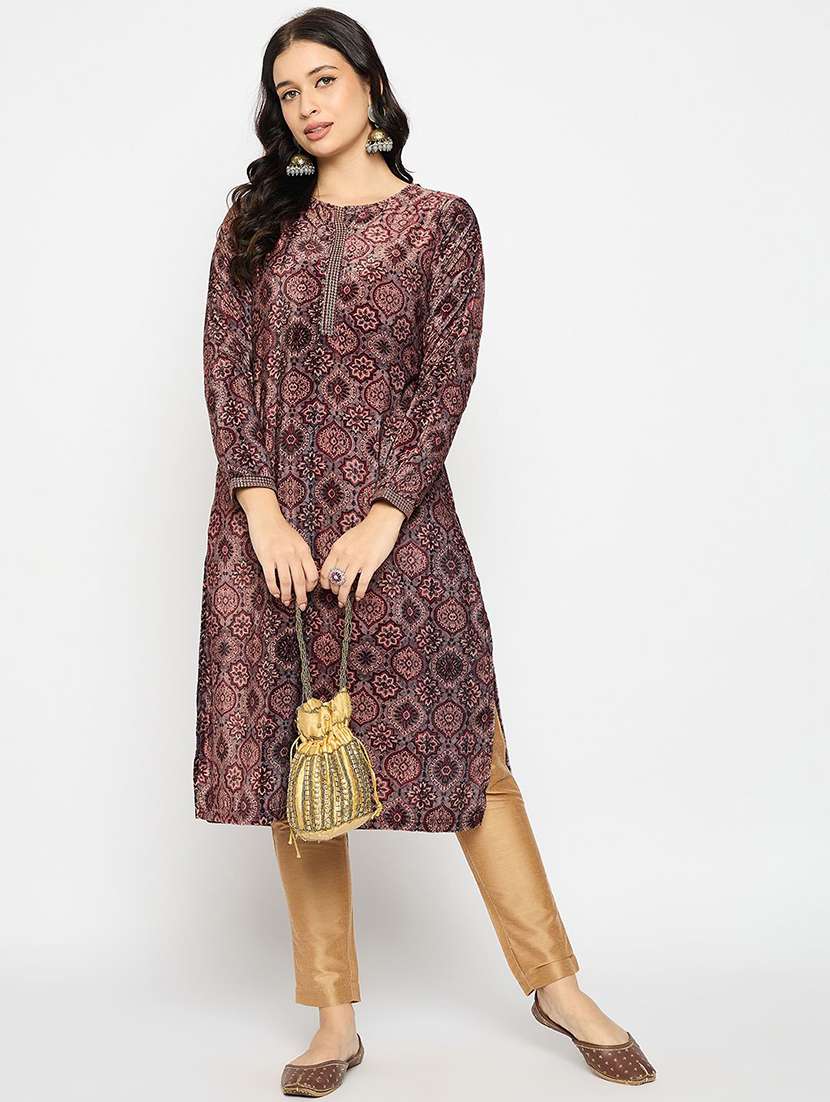women printed long sleeve winter wear kurta 