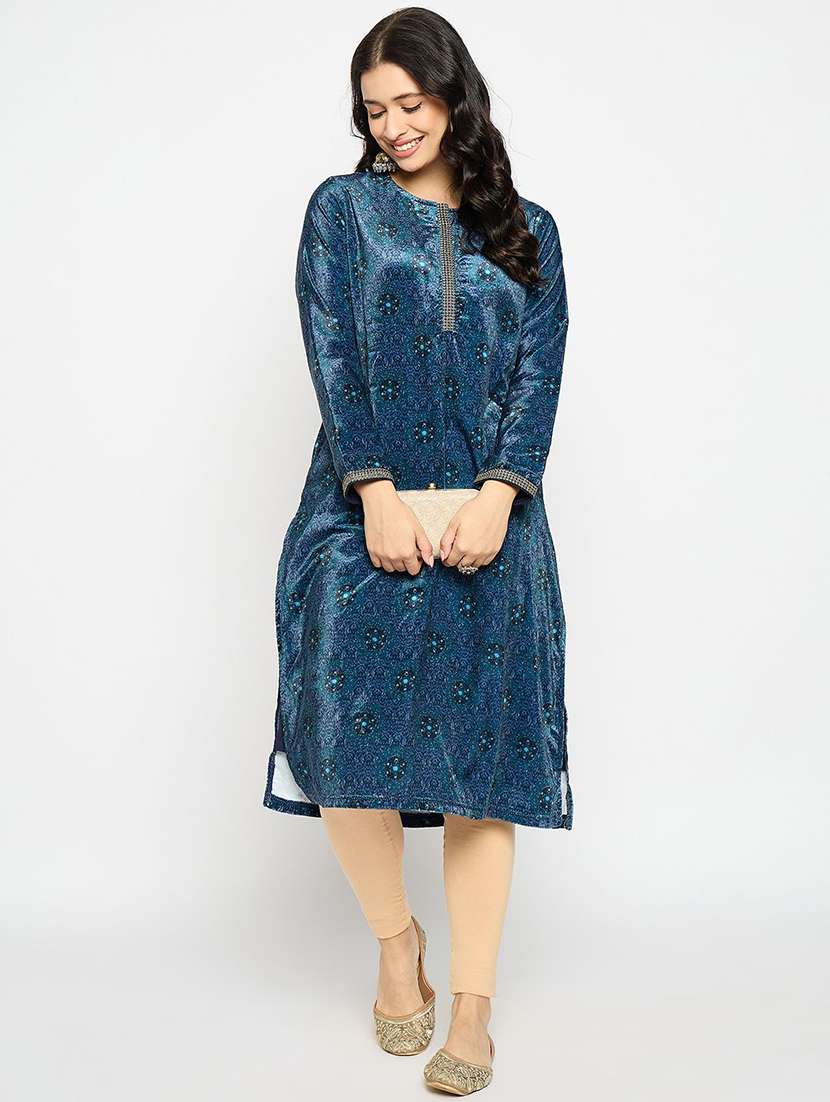 women self design long sleeve winter wear kurta 