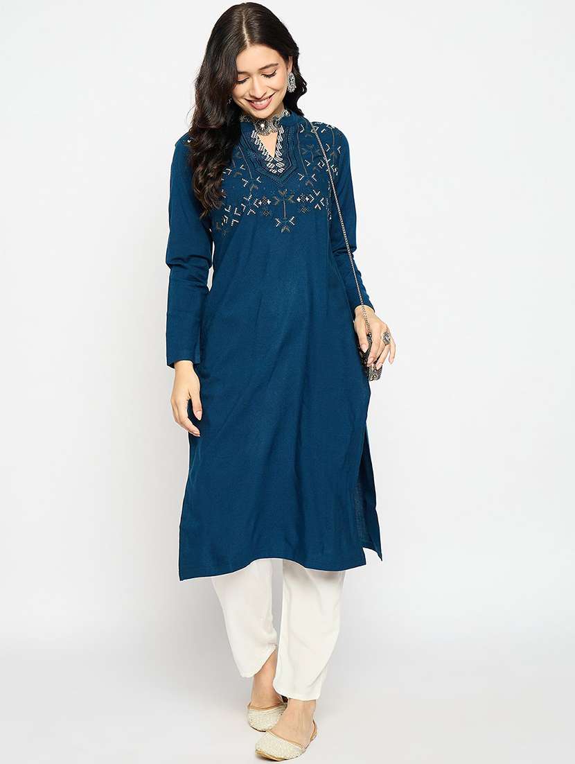 women solid with work long sleeve winter wear kurta 