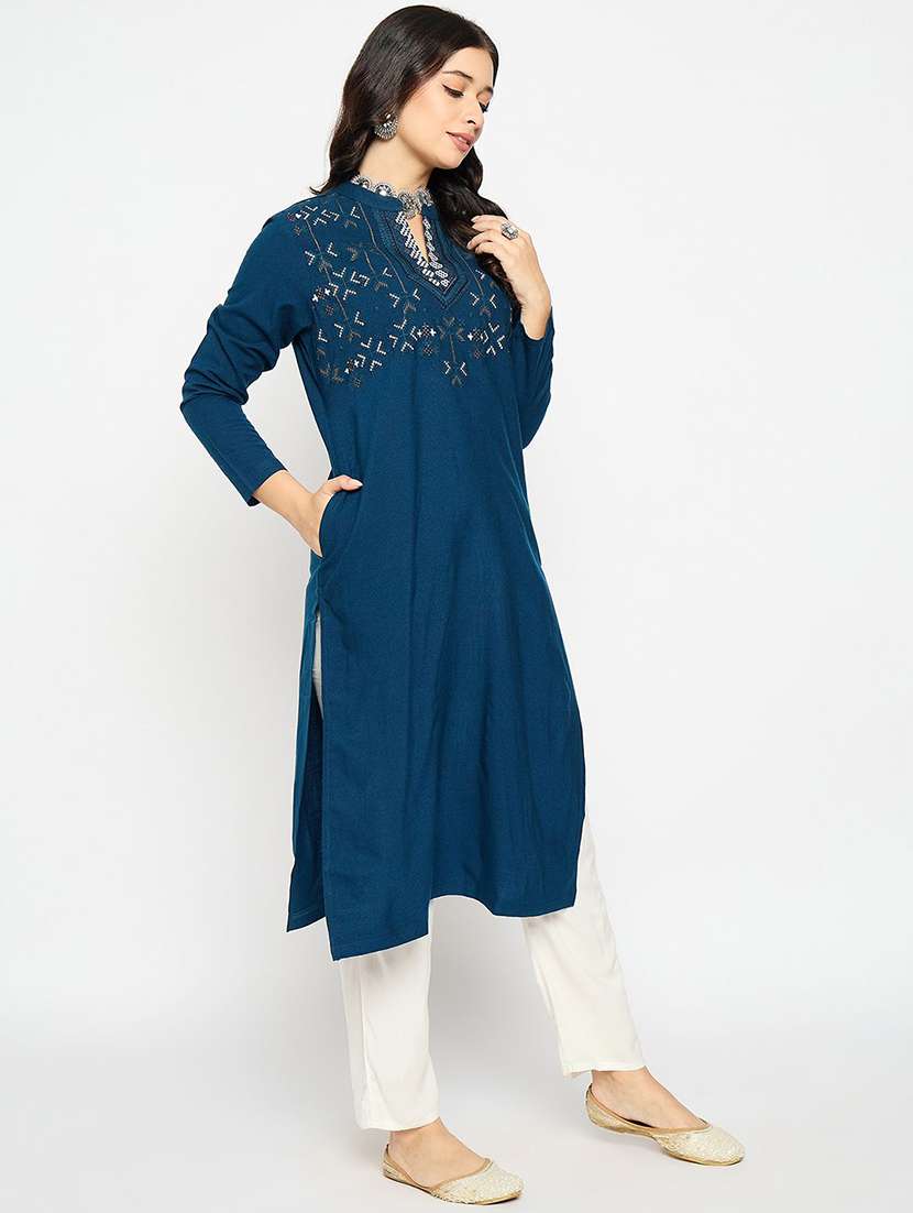 women solid with work long sleeve winter wear kurta  - 22291152 -  Standard Image - 2